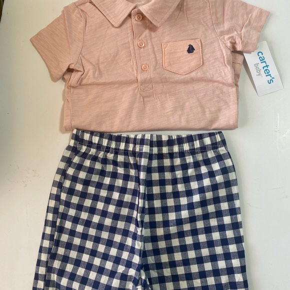 Carter's Light Pink Polo and Navy Checkered Shorts Set. Size: 24m Boys - Picture 1 of 15